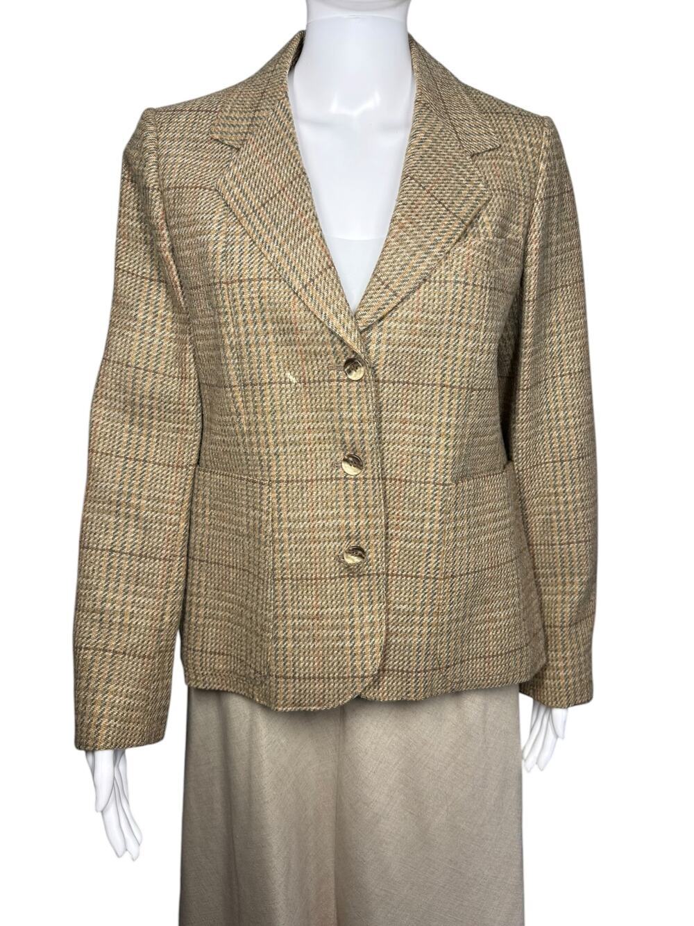 Benard Sport Harvé BeVintage 70s Brown Tan Olive Houndstooth Pocket Blazer Small